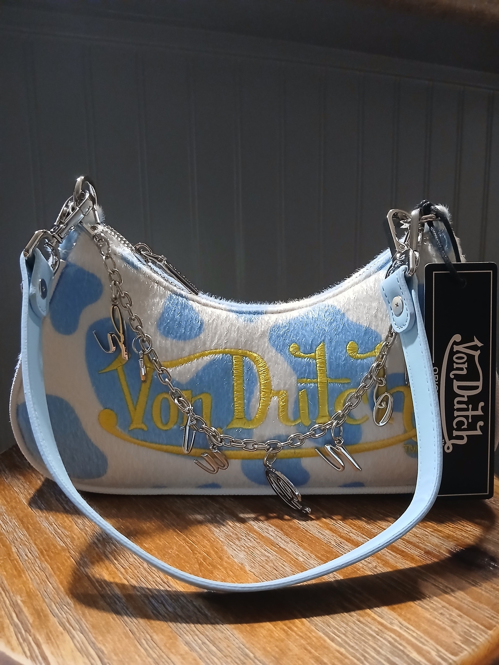 Von Dutch Blue & White Cowhide Mini Shoulder Bag with Yellow Logo